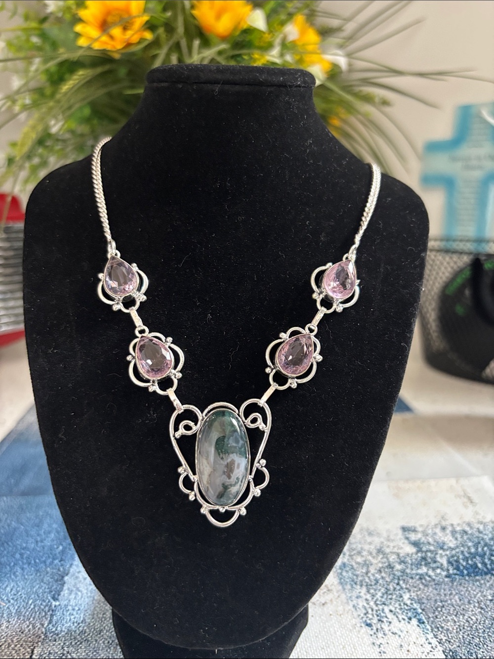 Sterling Silver Moss Agate Pink Topaz Gemstone Necklace.